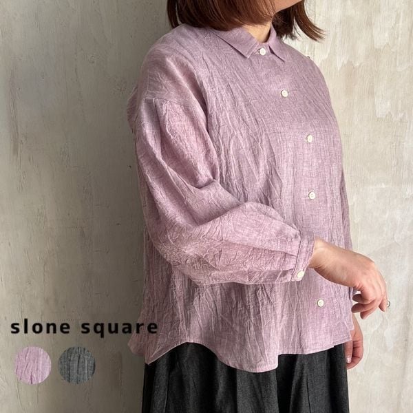 slone square コットンリネン ボイルワッシャーシャンブレー 袖タック ブラウス 826095