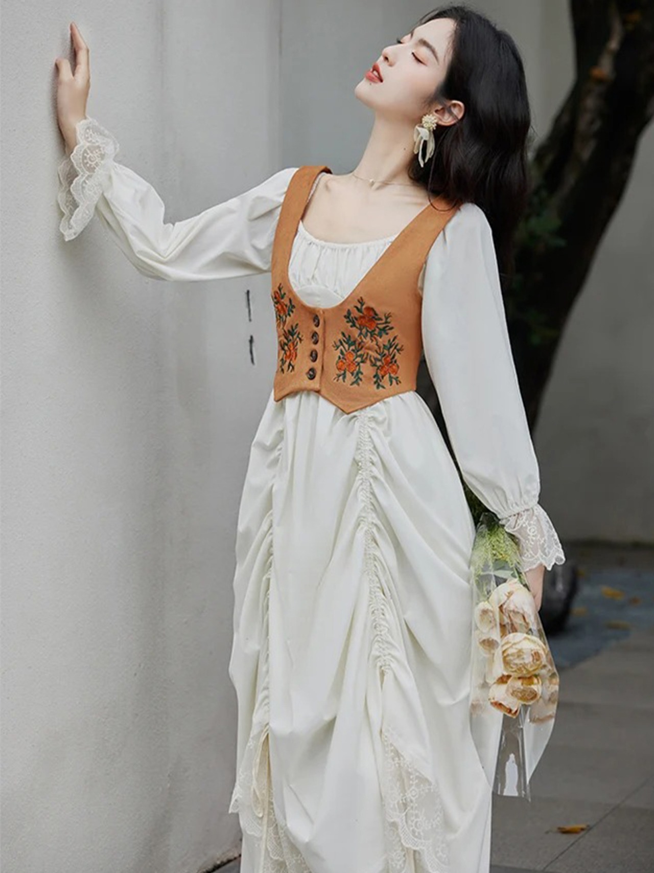 【0260】2set Lace Gathers Long Sleeve Dress