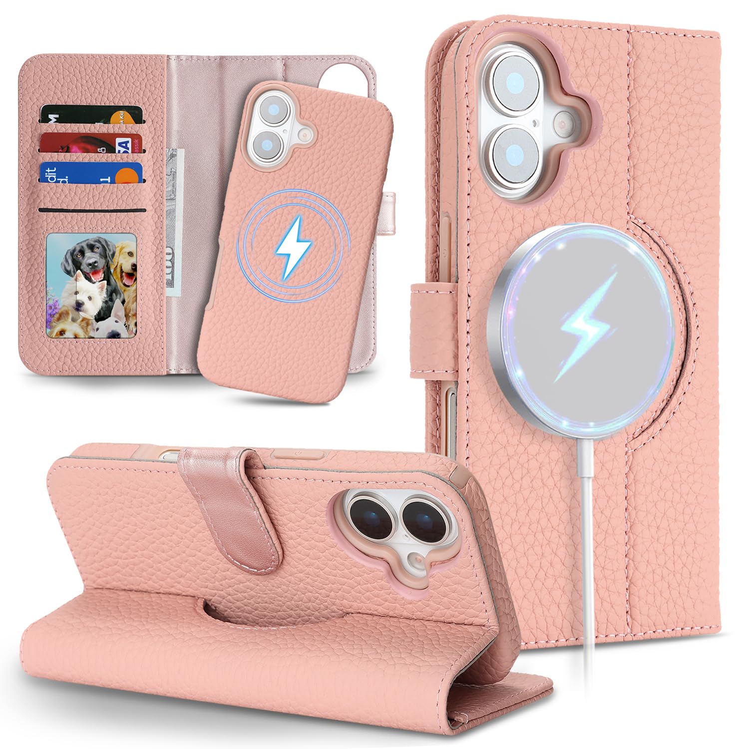 East Clear 分離式 本革ケース for iPhone 17 手帳型ケース for iPhone17 携帯カバー レザー MagSafe対応 2in1 取り外し自由 両用2way 小銭入れ札入れ カード収納 耐衝撃 耐摩擦 全面保護 マグネット式 スタンド機能 for アイフォン17 -ピンク