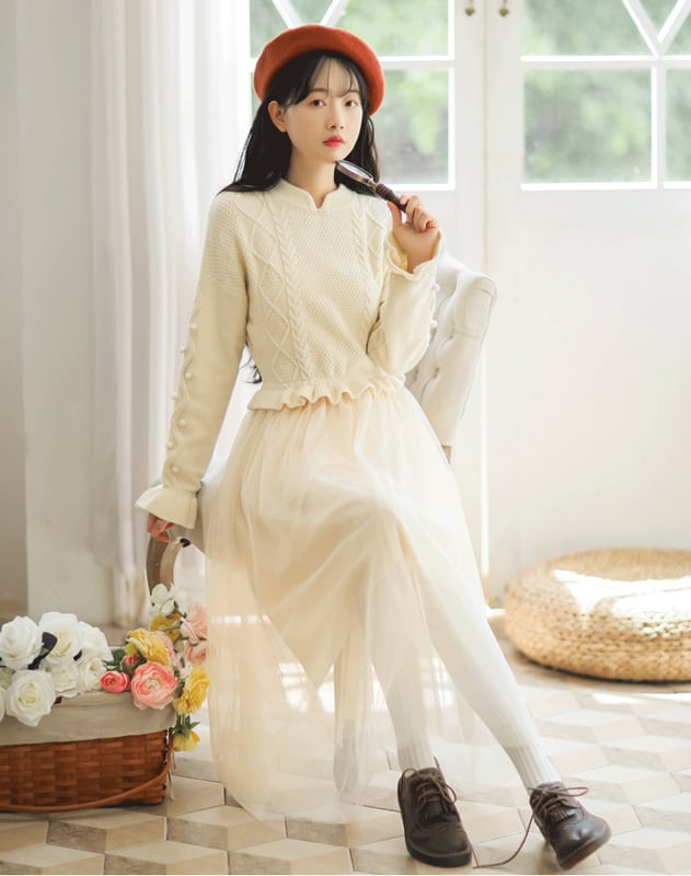 チャイナ風ワンピース ニットワンピース ロング丈ワンピース 改良唐装 改良漢服 チャイナ風服 中華服 改良型チャイナドレス 普段着 S M L Ll 女子会 同窓会 切り替え ニット チュール ベージュ レトロ Elegant