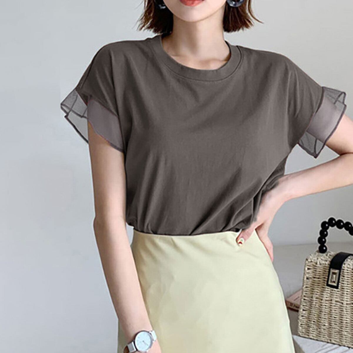 袖チュール Tシャツ レディース 春夏 韓国 きれいめ 大人 かわいい おしゃれ シンプル カジュアル フェミニン 半袖 無地 トップス 大人可愛い 大人女子