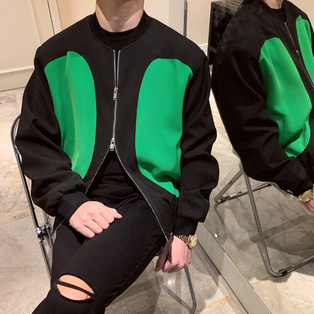 【予約販売】ブルゾン ジャケットバイカラー 差し色 メンズ アウター 無地 ブラック グリーン 個性的 インパクト カジュアル シック 男前 こなれ感 お洒落 韓国 トレンド 秋 冬 春 M/L/XL