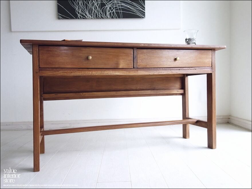 チークヴィンテージデスク 机 アンティークテーブル 銘木 手作り 木製 レトロ 学校机 作業台 ナチュラル 什器 無垢 一点物 送料無料