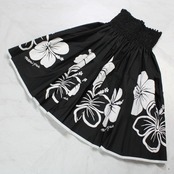 【美品 日本製 フラダンス衣装】ブラック nanipua ナニプア パウスカート ハイビスカス柄 花柄 モノトーン 黒 白 ホワイト 花