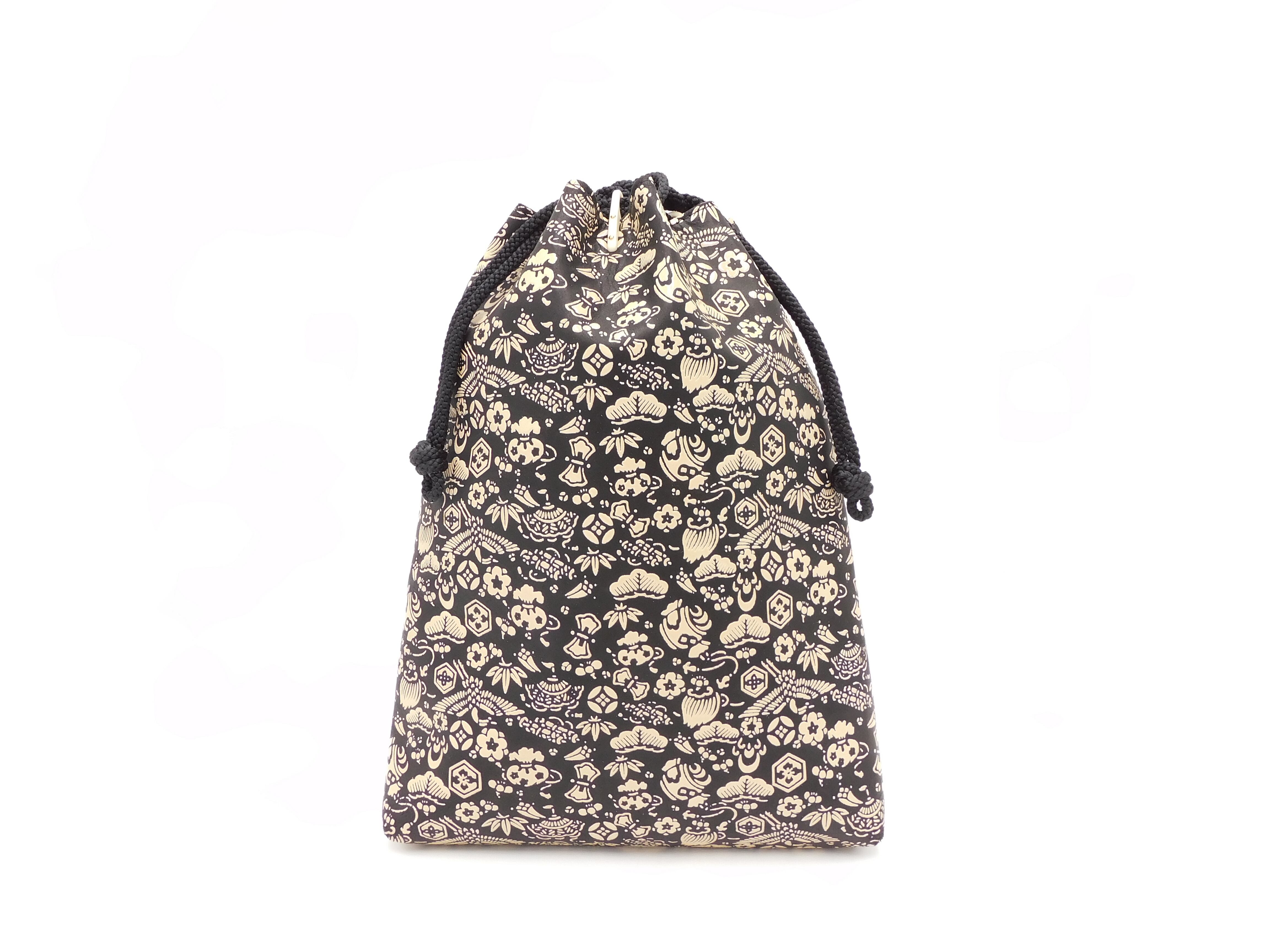 合切袋(中)黒/白 宝尽くし柄