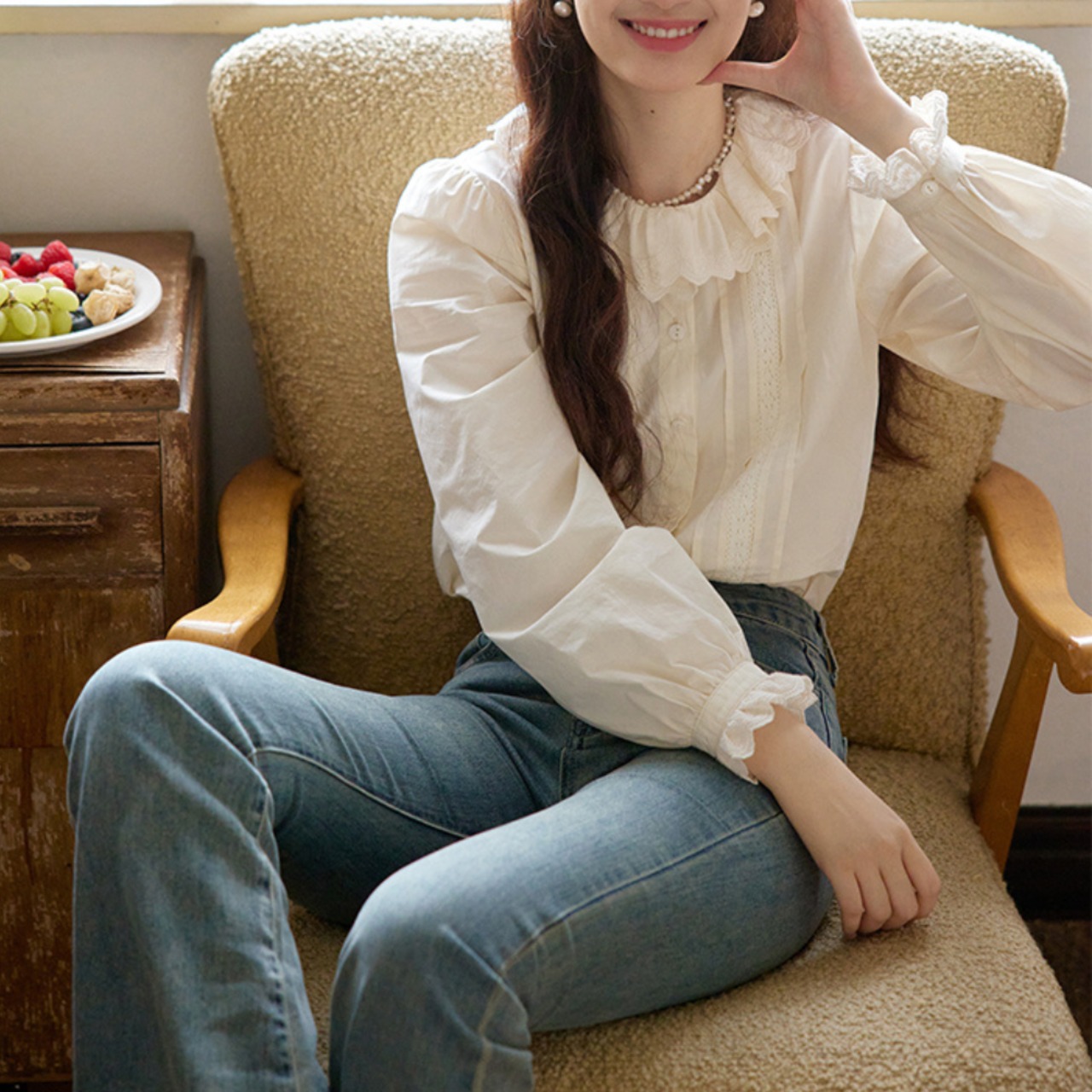 長袖 フリルカラー ブラウス W01364