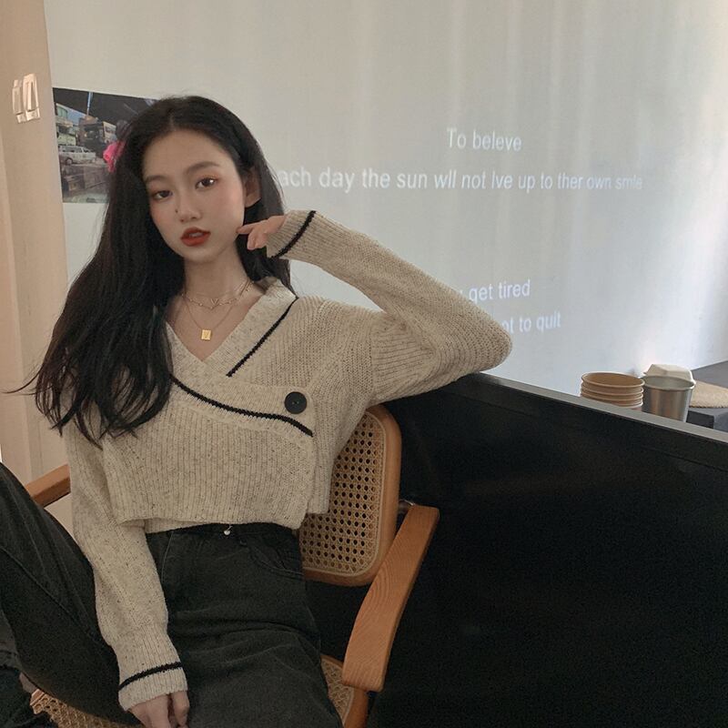 センスクロスVネック長袖ニットセータートップレディース2020秋新作ショートセータースモールカーディガンジャケット ブラックストロベリース24476865331