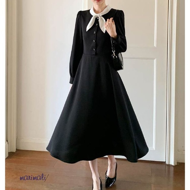 バイカラー ボウタイ フレアワンピース 25037