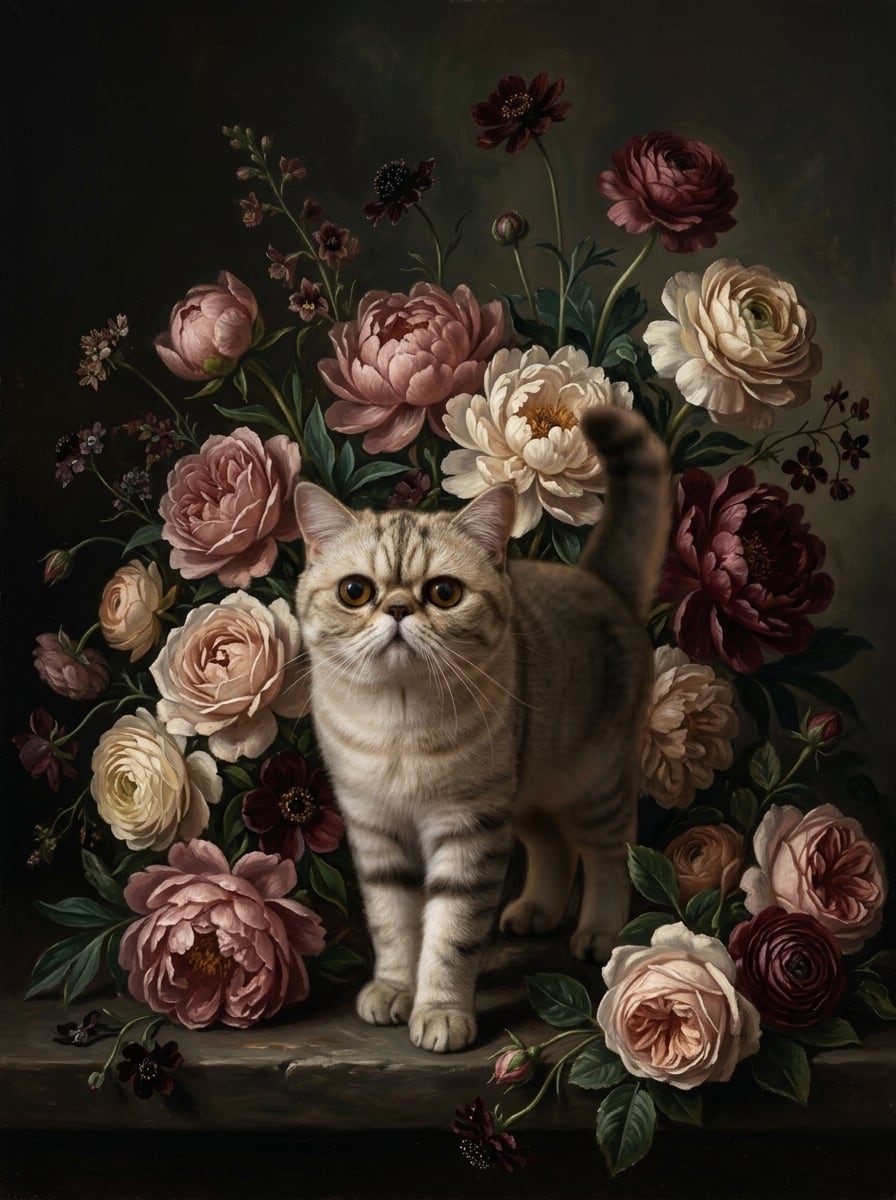猫（エキゾチックショートヘア）の花の油絵風アート A3額装インテリア