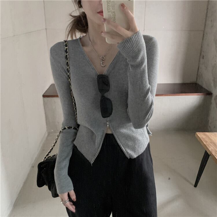 ピュアカラーニットセーター薄手の女性の2020年初秋新デザインセンスニッチジッパースタイルスリムカーディガンジャケットトレンド クレセントシティ39294882269