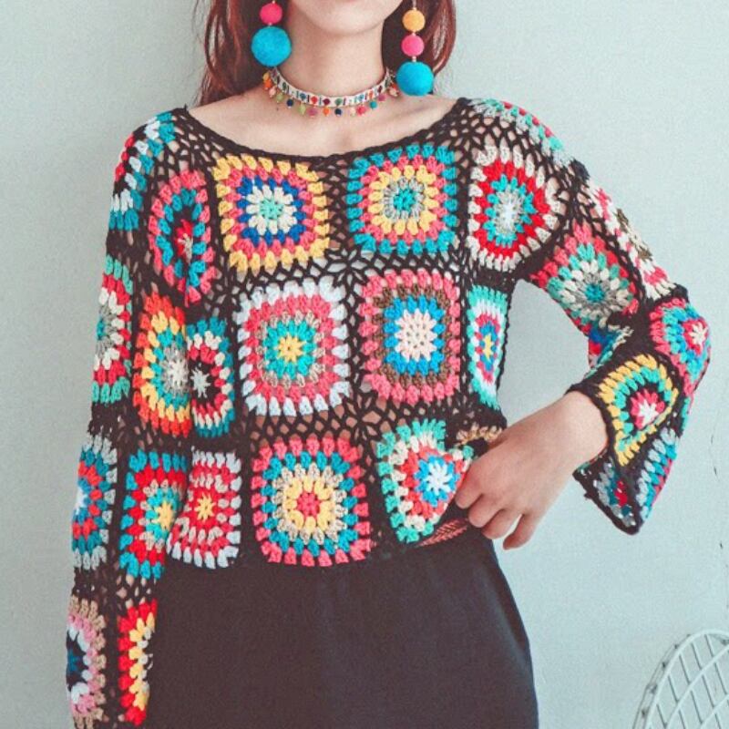 Openwork Granny-Square Boat-Neck Pullover S0214