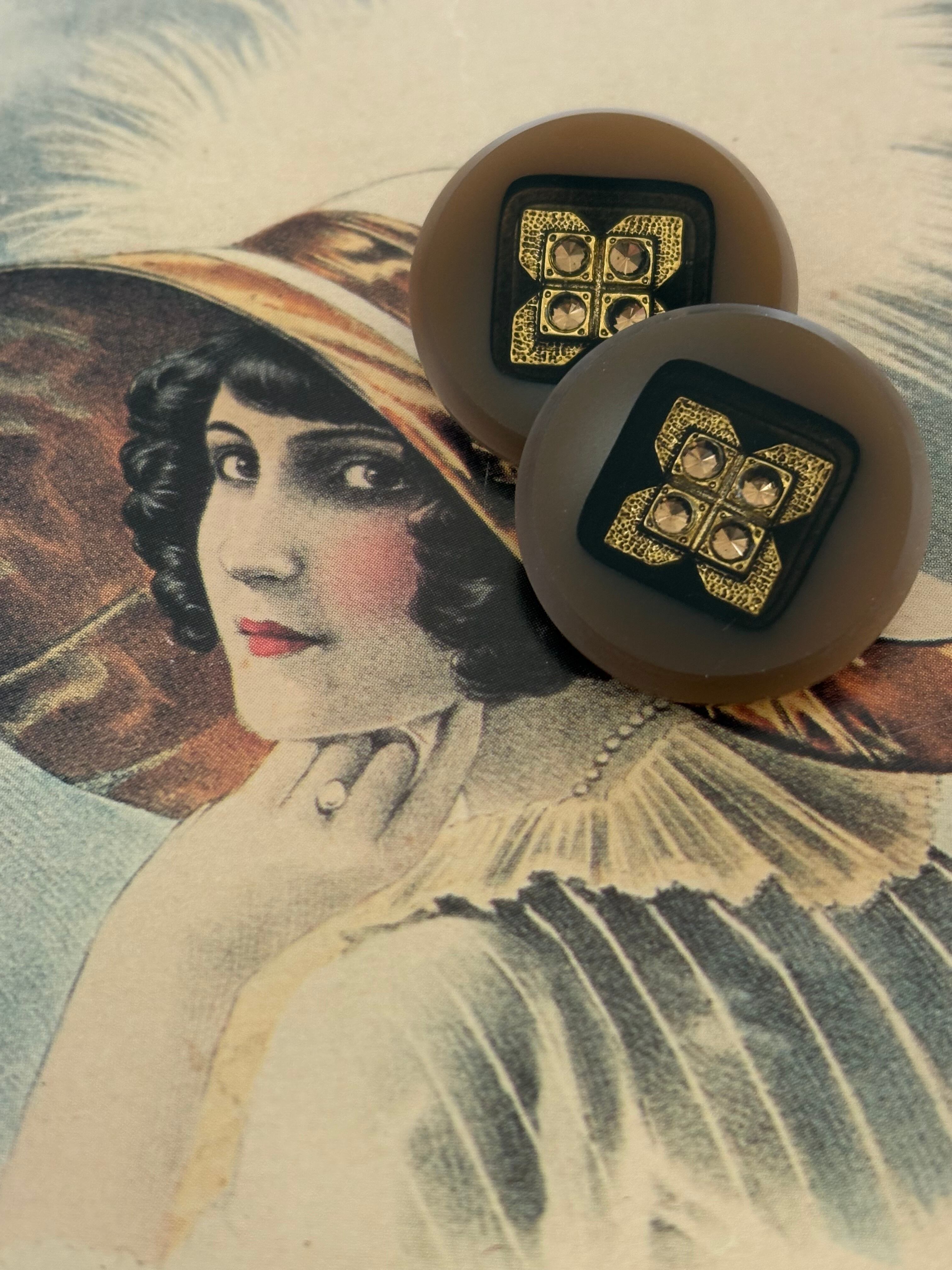 24mm Japanese ヴィンテージボタン ブラウン×ゴールド ストーン アクセサリーパーツ 装飾材