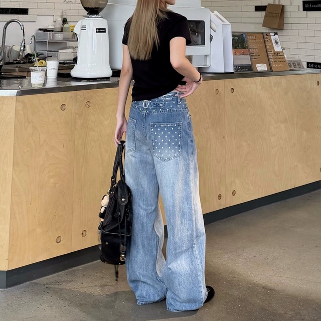 スターパターンシンチバックルーズフォルムデニムパンツ 1col   R02281