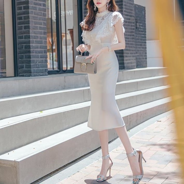 ホワイト ハイネック レースワンピース 166 Moo ホワイト ハイネック レースワンピース 166 Moo