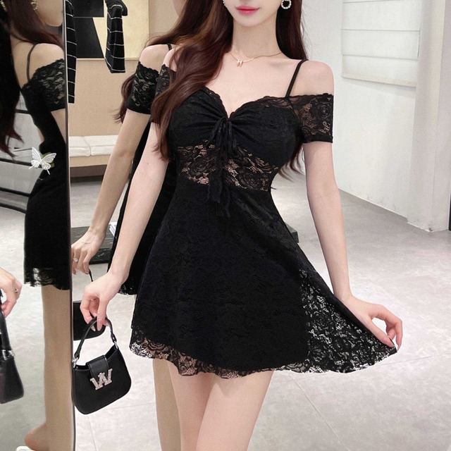 オフショルダー レースミニドレス 4col　L00175