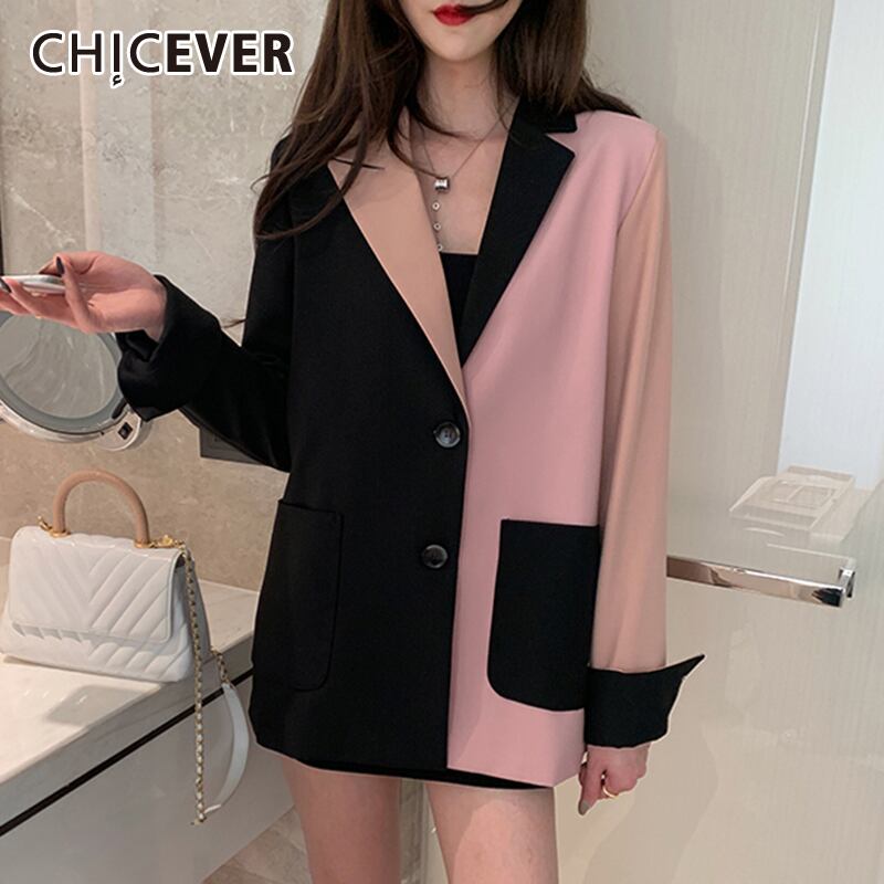 CHICEVERパッチワークヒットカラーレディースブレザーノッチ付き長袖ラージサイズ気質ブレザー服2020タイド ロング 大きめサイズ 6base576195591454