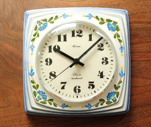 ドイツ製 Elama 陶器フレーム 壁時計 ハンドペイント ヴィンテージ 電池式 壁掛け時計 アンティーク ig1068