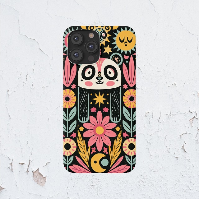 受注生産 iPhoneケース パンダと花のサイケ民芸｜動物モチーフ PSYF026A