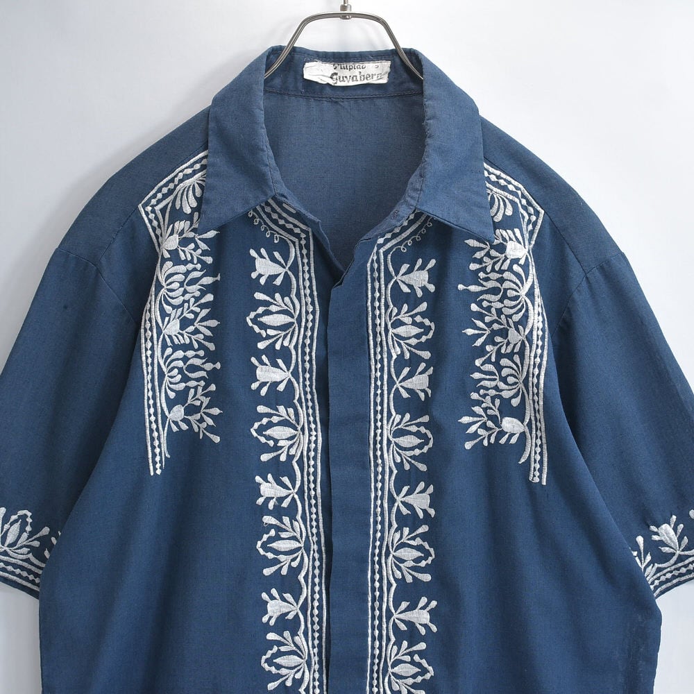 70~80s Pilipiao Guyabera グアヤベラ 総刺繍 デザイン キューバシャツ 幾何学模様 ワーク 半袖シャツ ネイビー USED ヴィンテージ ビンテージ USA アメリカ古着 メンズM~相当