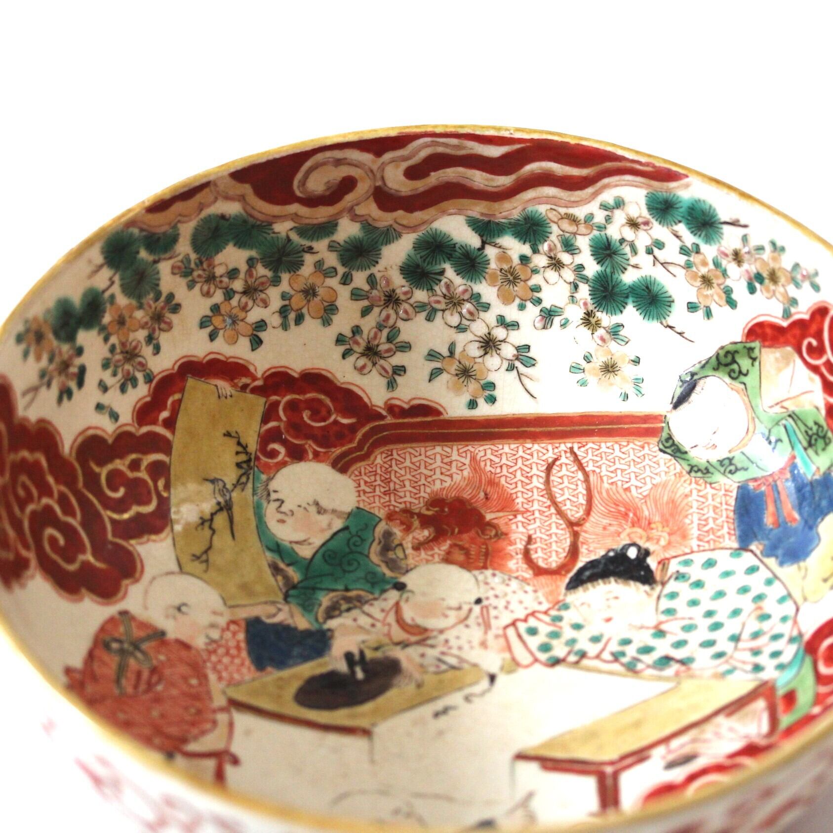 九谷庄三唐子書初図鉢 d18.9cm Kutani Enameled Bowl, Design of
