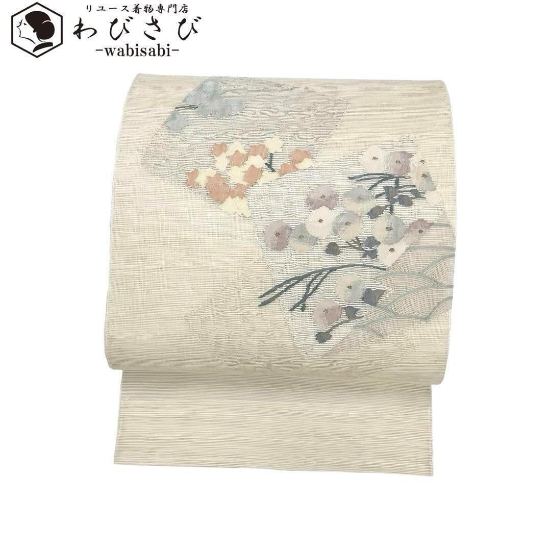 夏帯 袋帯 紗紬 色紙に万寿菊と紅葉 銀糸 鳥の子色 O-3694  