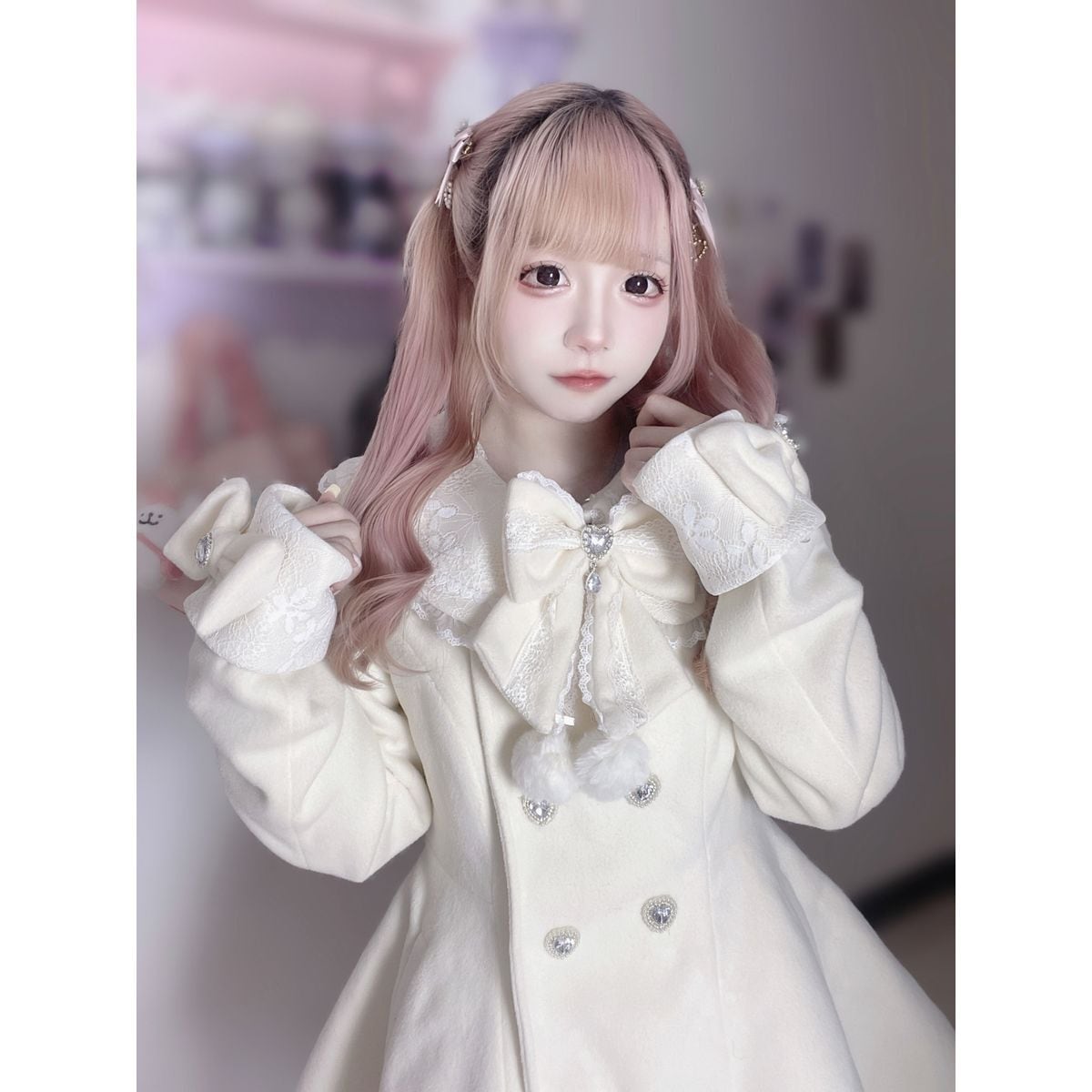 地雷系ダブルブレストファートリムコート | Maiden's Rêve
