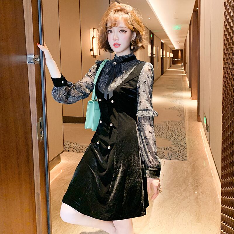 リボンウェストベルベットドレス オータム エレガント 秋物 シルク ステッチ MIUCO73923384720