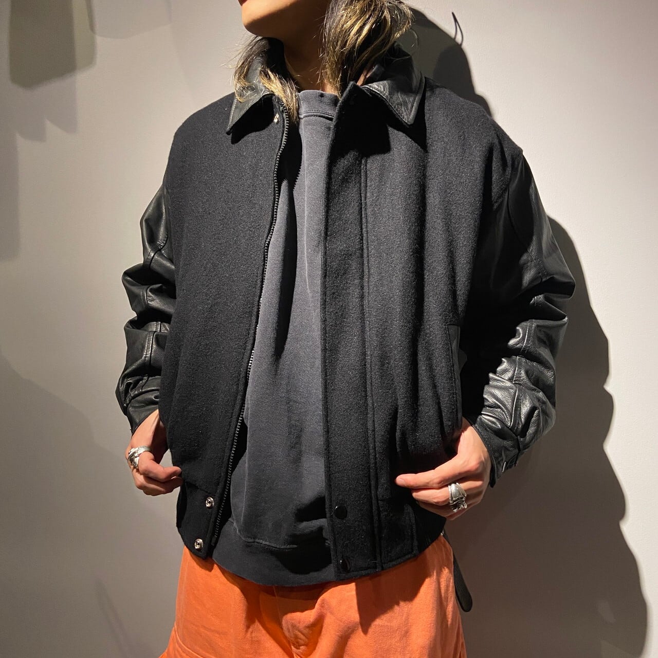 袖レザー 襟付き ウールスタジャン メンズL相当 古着 スタジアム 