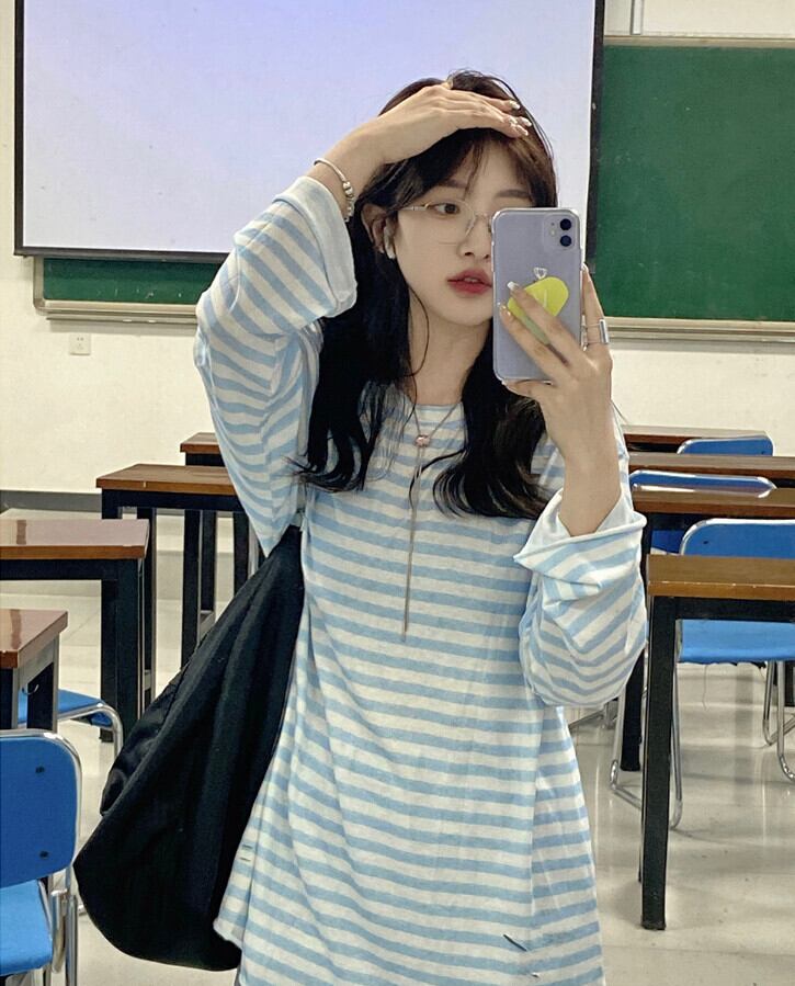 スタイルルーズストライプトップス サマースタンダードTシャツ ロング レトロ かわいい 夏物 モンロー85061233423