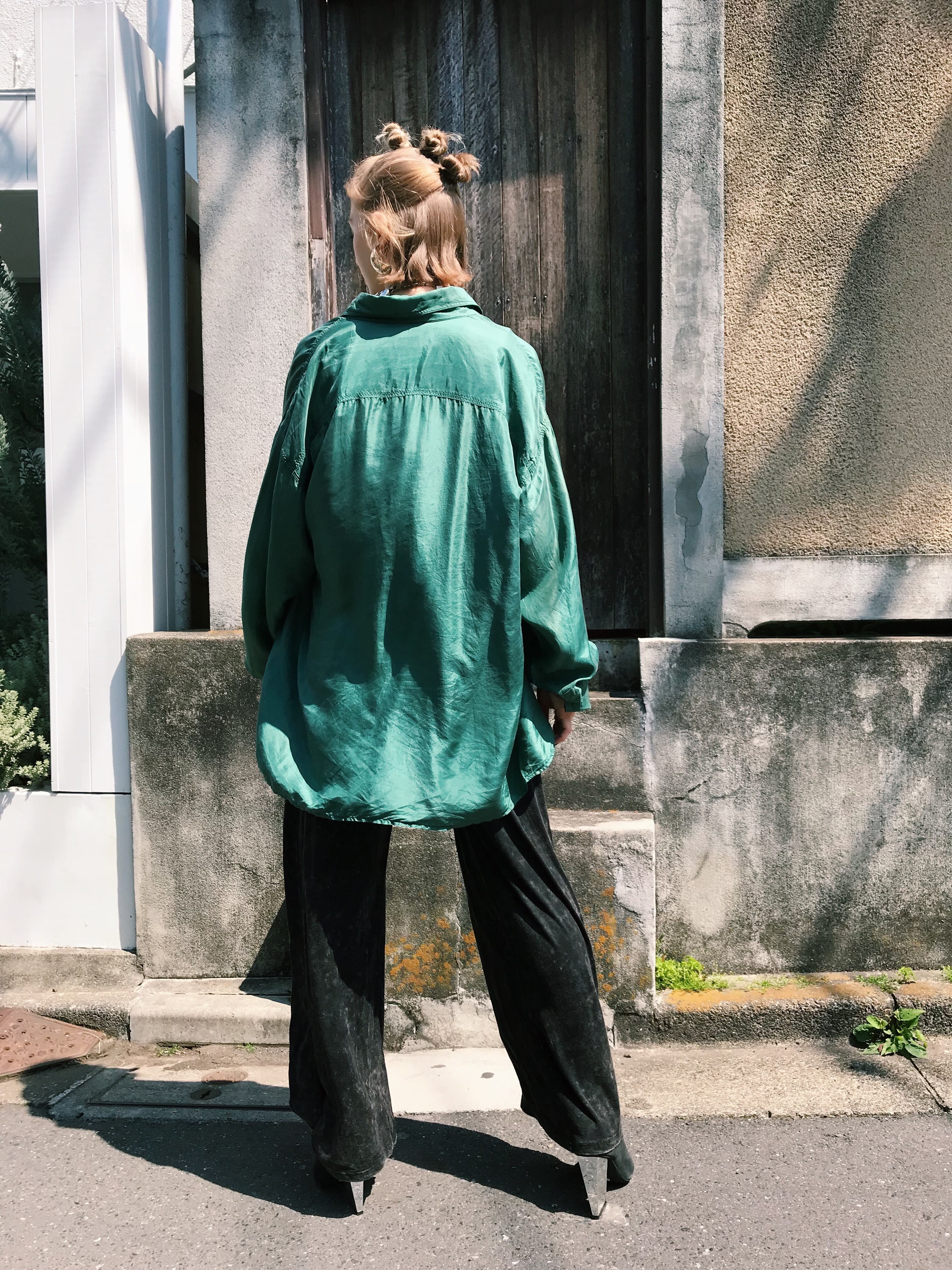 80s green big silk shirt ( ヴィンテージ グリーン ビッグ シルク