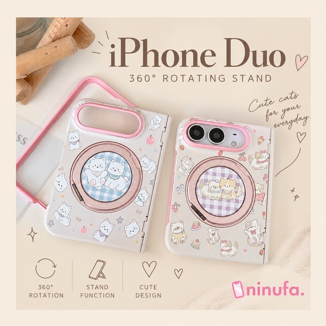 送料無料【iPhone Duo】いぬ派orねこ派？360度回転スタンド付き MagSafe対応 韓国風 犬猫デザイン 折りたたみスマホケース 全2種 ND-16788