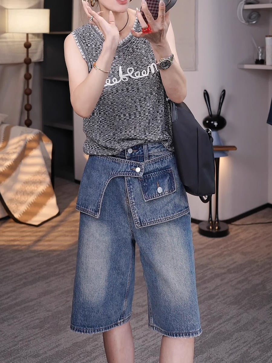 デニムウエストベルトポケット風ハーフパンツ 膝上 ハーフパンツ