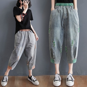 ELASTIC WAIST DENIM CROPPED PANTS 2colors M-5124