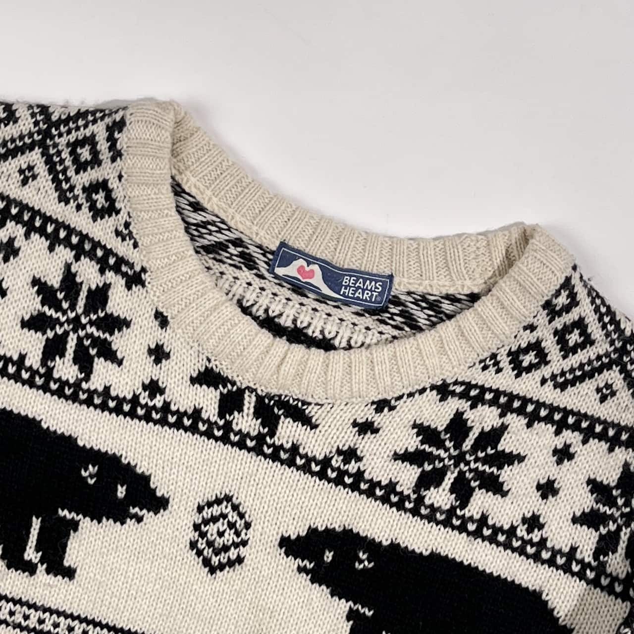 BEAMS HEART ビームスハート ノルディック柄 シロクマ ウール混 ニット セーター /ホワイト×ブラック レディース