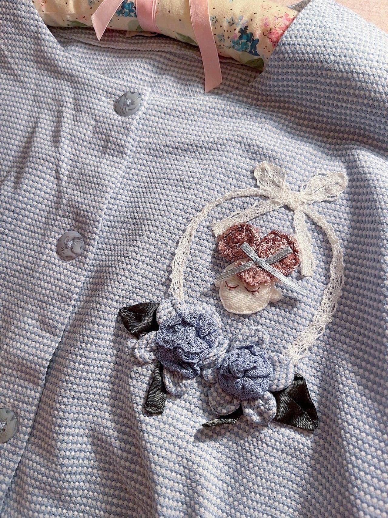 doll applique light blue one-piece