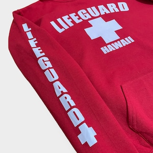 JERZEES パーカー LIFEGUARD ライフガード ロゴ プリント パーカー フーディー プルオーバー 袖プリント スウェット S相当 us古着