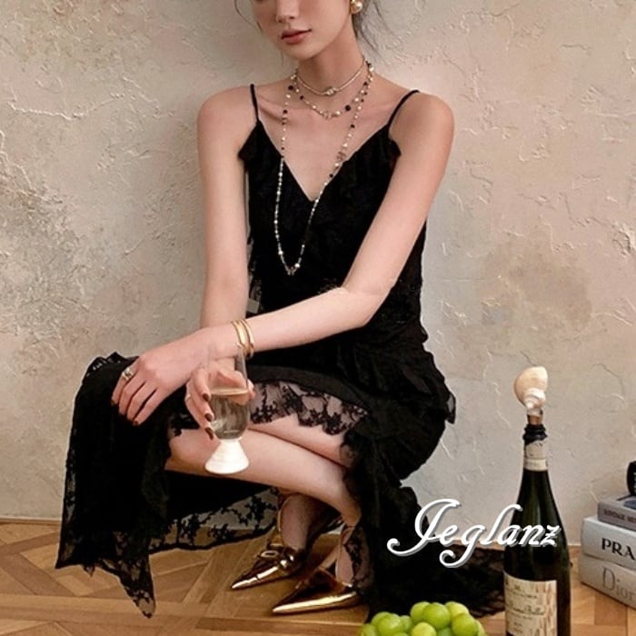 2色 パーティドレス レース キャミ ワンピース フリル スリット入り(M6214)ζ