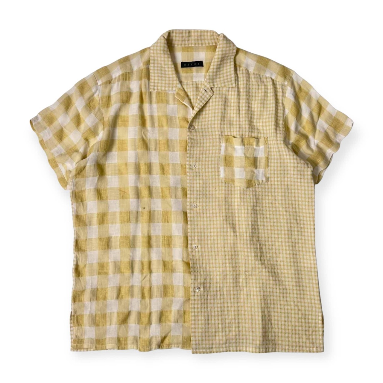 リネン混 HAKKA ハッカ 切替 チェック 半袖シャツ/イエロー メンズ