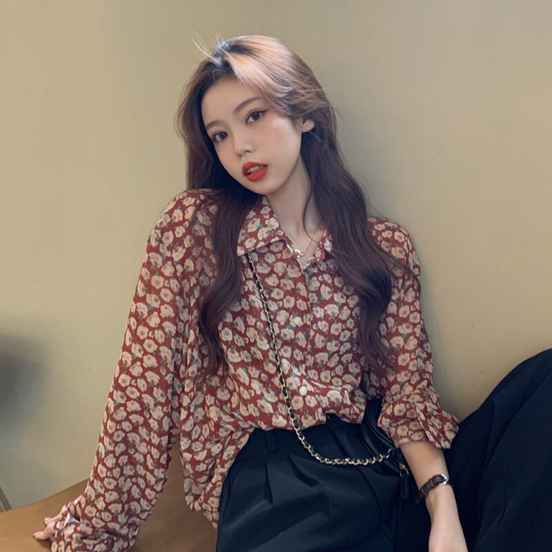 フローラルシャツ スプリングオータムスタンダードスタイルブラウス ロング レトロ 春物 秋物 花柄 スーパーモール73155869244