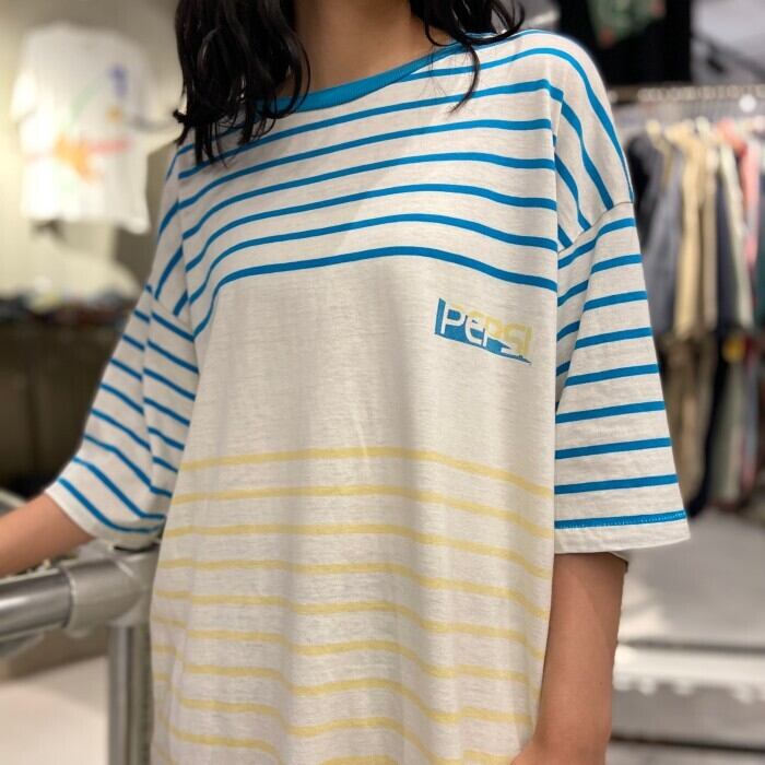 新入荷sale対象外 80年代 Pepsi ペプシコーラ ボーダー Tシャツ メンズxl相当 古着 80s ビンテージ ヴィンテージ オフホワイト ライトブルー レモンイエロー 生成り 水色 黄色 企業ロゴ プリント Tシャツ Cave 古着屋 公式 古着通販サイト