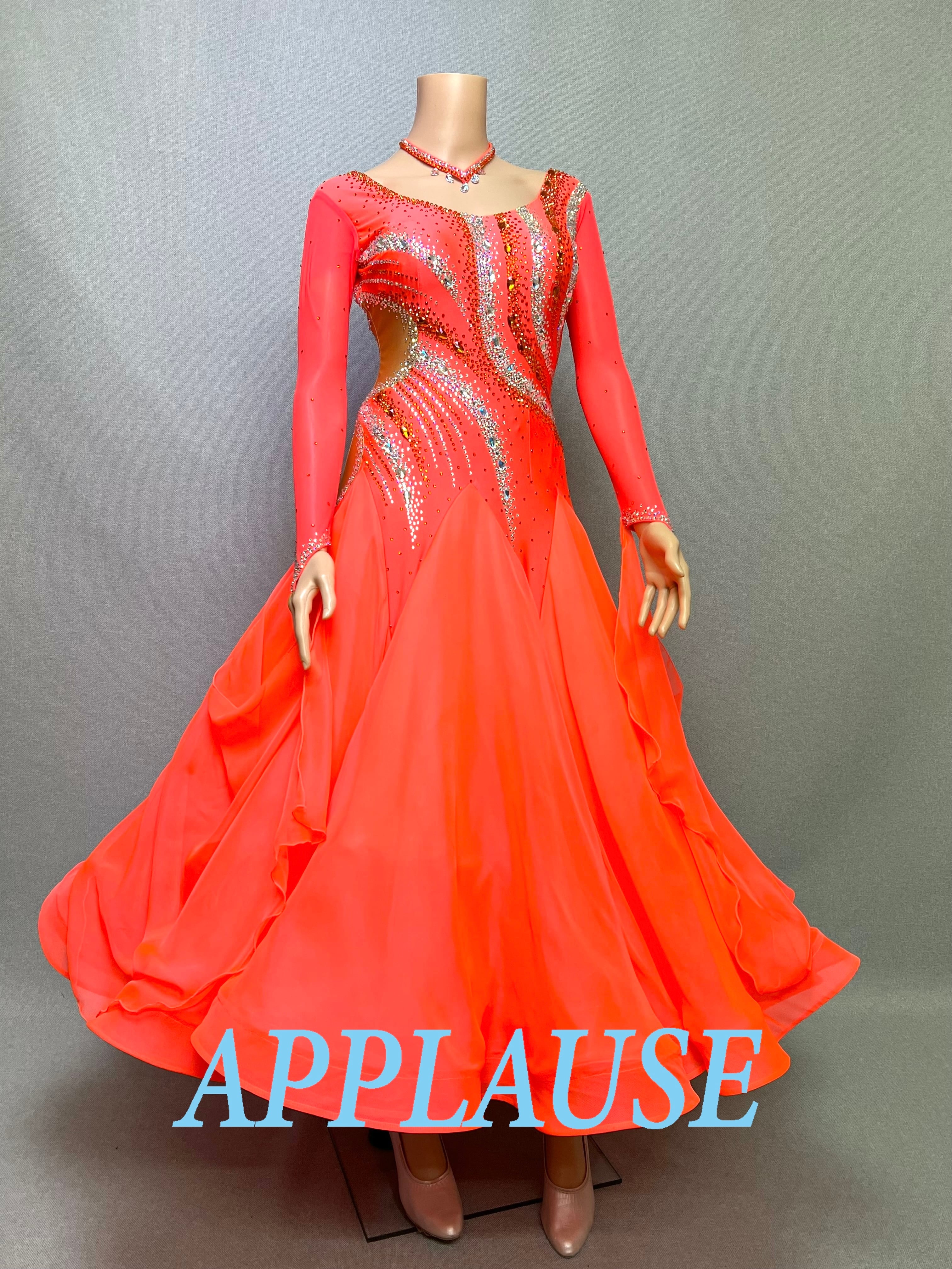 【新着】社交ダンス ドレス　モダン　スタンダード ドレス　ST-26-２　タンジェリンオレンジ　M〜L　デモ・競技用ドレス　発表会　衣装　パーティドレス　ワンピース　舞台衣装