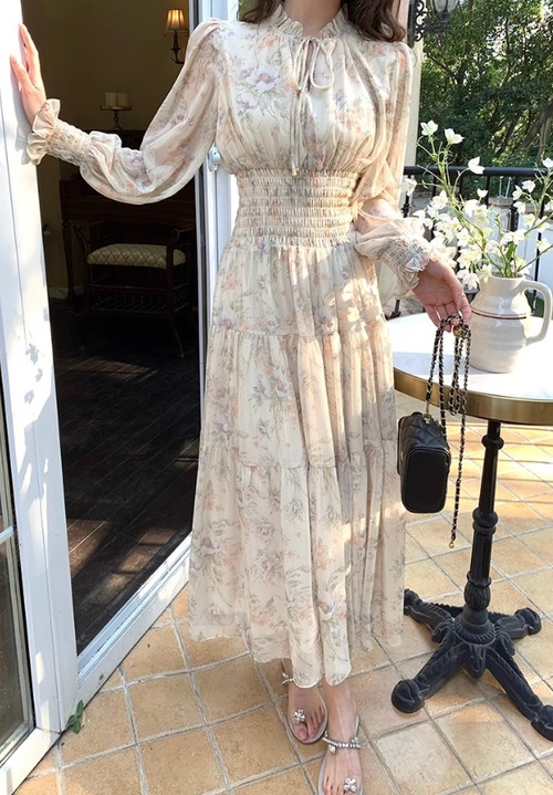 ウエストシャーリングシフォンフラワーワンピ ・79063
