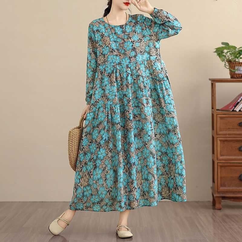 BLUE FLOWER PRINT BOAT NECK A-LINE LONG PULLOVER DRESS 1color M-16032