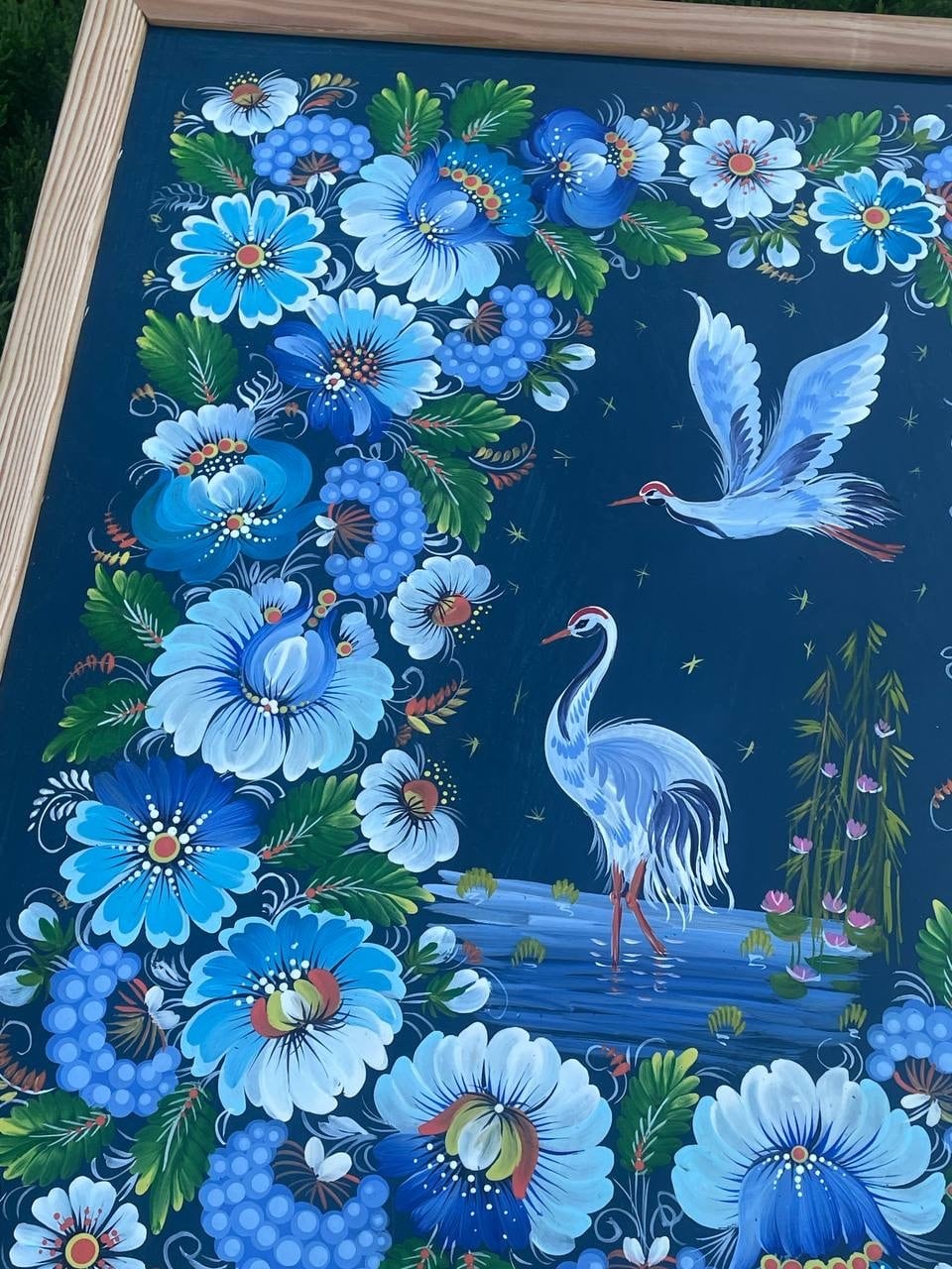 夢見る鶴たち】ペトリキウカ塗り 壁掛け手描き絵画（ヴァレンティナ