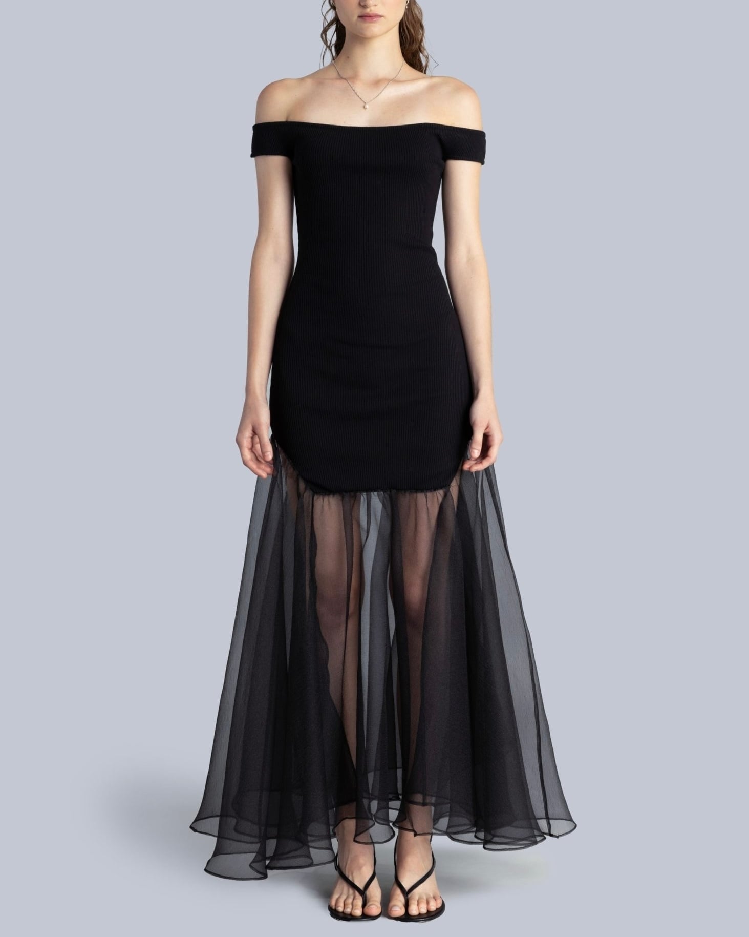 Off shoulder rib&organza dress / ESTHE