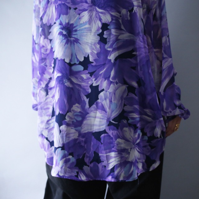 violet beautiful flower art pattern over silhouette see-through shirt