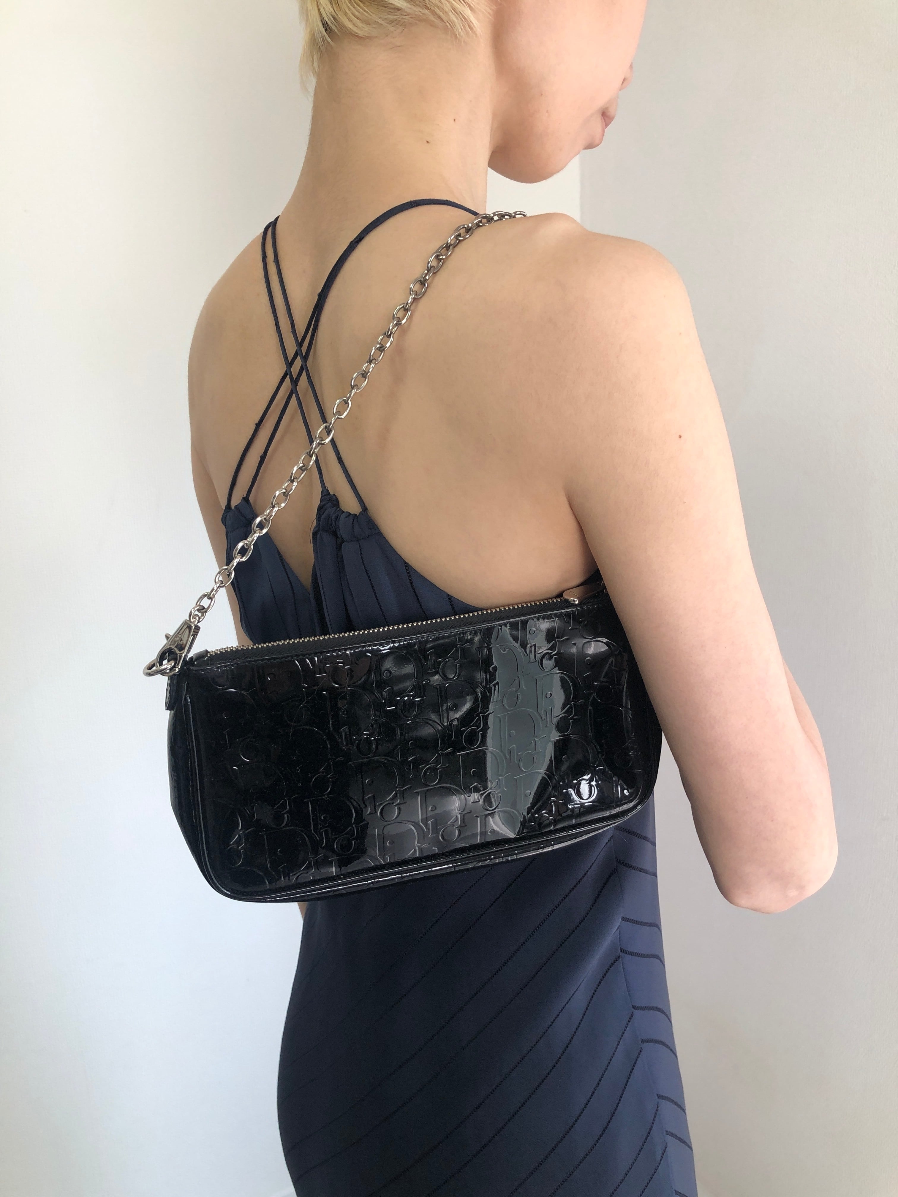 Christian Dior クリスチャン ディオール トロッター ハンドバッグ ブラック エナメル チェーン ミニバッグ vintage ヴィンテージ オールド 5zy6xf