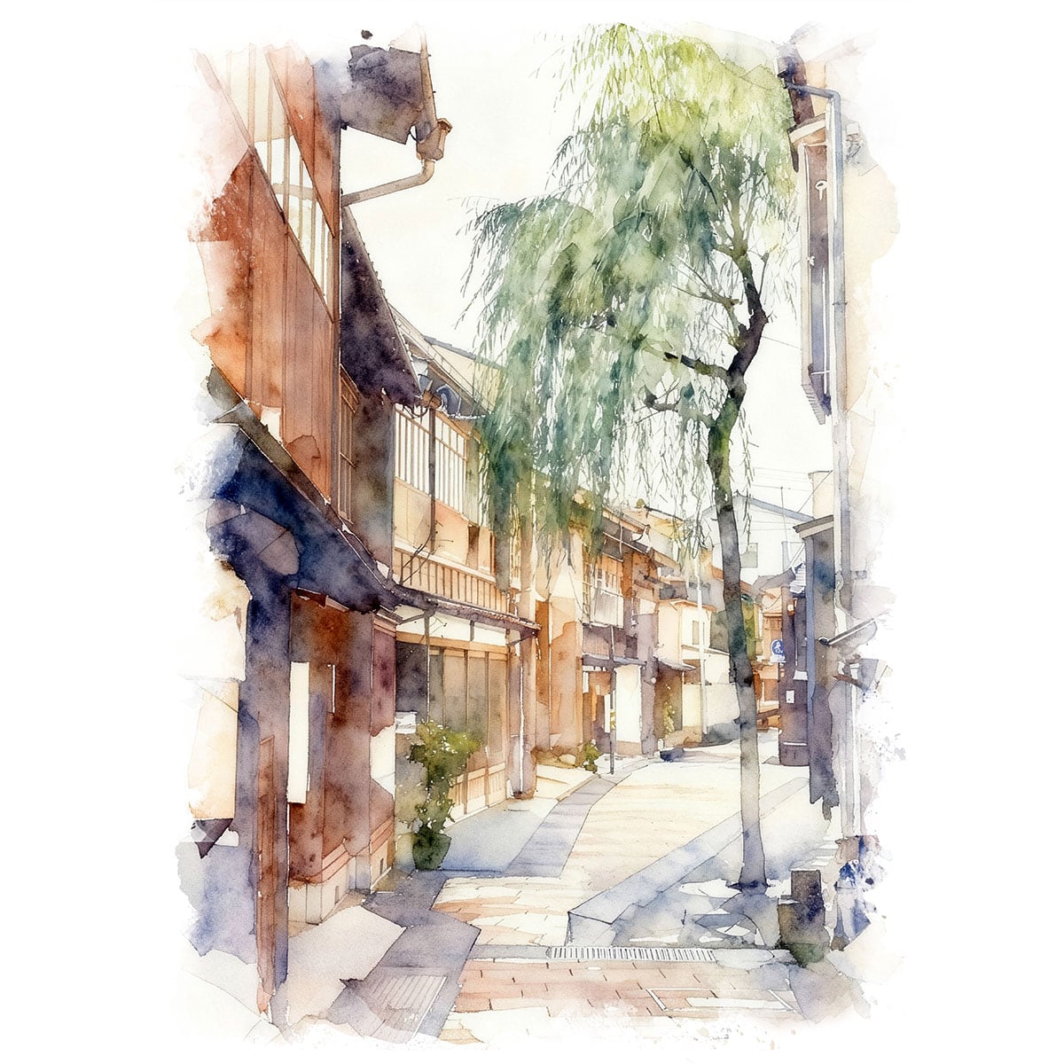 絵画(風景画) 日本 石川県 ひがし茶屋街 インテリアアート額付き 水彩画・油絵調 WAT1371