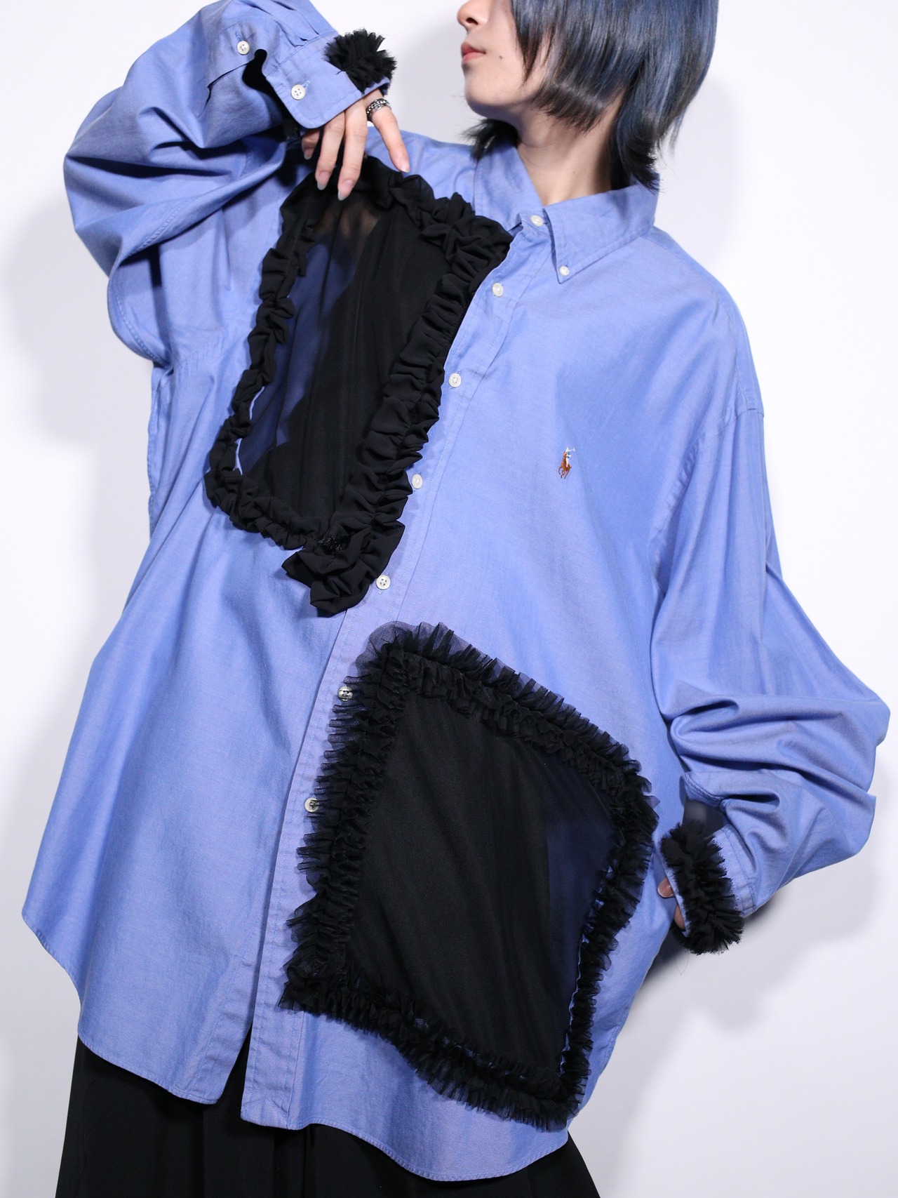 REMAKE / sheer × frill asymmetry window over silhouette shirt - 2