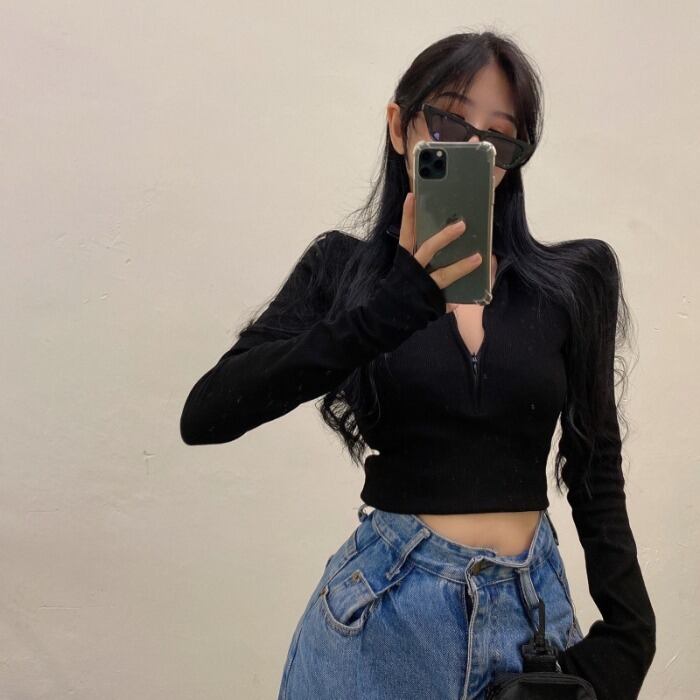 スプリングジッパースリムショートクロップドブラックトップス Tシャツ ロング 春物 ドラファッションホール60447630803